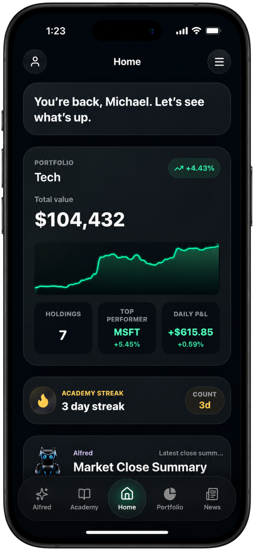 Nestor app showing Alfred AI investing copilot and personalized investing workspace